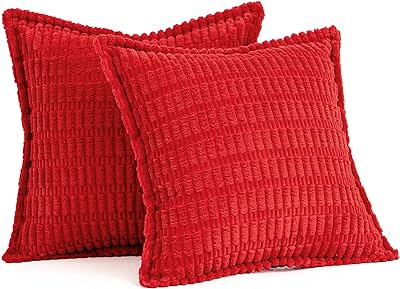 MIULEE Red Corduroy Decorative Throw Pillow Covers Pack of 2 Soft Striped Pillows Pillowcases with Broad Edge Modern Boho Home Decor for Couch Sofa Bed 18x18 Inch