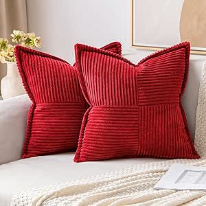 MIULEE Red Corduroy Pillow Covers with Splicing Set of 2 Super Soft Boho Striped Pillow Covers Broadside Decorative Textured Throw Pillows for Couch Cushion Livingroom 18x18 inch