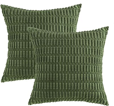 MIULEE Pack of 2 Moss Green Throw Pillow Covers 18x18 Inch Corduroy Decorative Couch Pillow Covers Soft Boho Striped Pillow Covers Modern Farmhouse Home Decor for Spring Sofa Living Room Bed