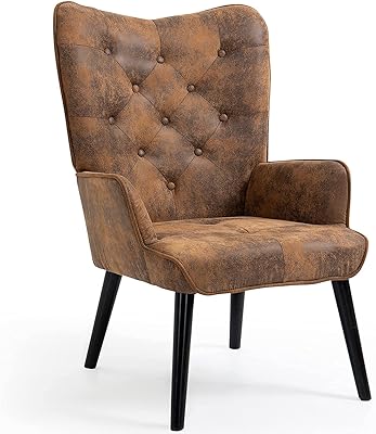 ECOTOUGE WingBack Chair, Rustic Accent Chair with Arms Upholstered, Button Backrest for Living Room (Brown)