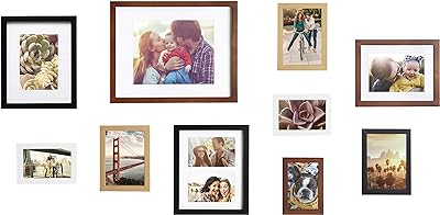 Kate and Laurel Gallery Mid-Century Wood Wall Frame Set, Set of 10, Walnut Brown, Gold, Black, and White