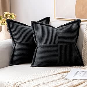 MIULEE Corduroy Pillow Covers with Splicing Set of 2 Super Soft Couch Pillow Covers Broadside Striped Decorative Textured Throw Pillows for Cushion Bed Livingroom 18 x 18 inch, Black