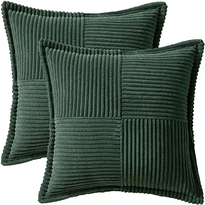 MIULEE Dark Green Corduroy Pillow Covers with Splicing Set of 2 Super Soft Boho Striped Pillow Covers Broadside Decorative Textured Throw Pillows for Couch Cushion Livingroom 18x18 inch