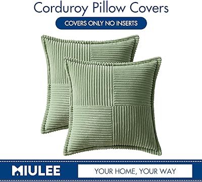 MIULEE Corduroy Pillow Covers with Splicing Set of 2 Super Soft Boho Striped Pillow Covers Broadside Decorative Textured Throw Pillows for Spring Couch Cushion Livingroom 18x18 inch, Sage Green
