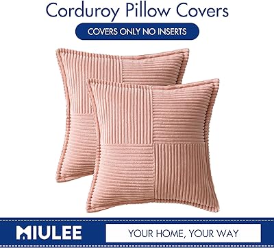 MIULEE Corduroy Pillow Covers with Splicing Set of 2 Super Soft Boho Striped Pillow Covers Broadside Decorative Textured Throw Pillows for Spring Couch Cushion Livingroom 18x18 inch, Pink