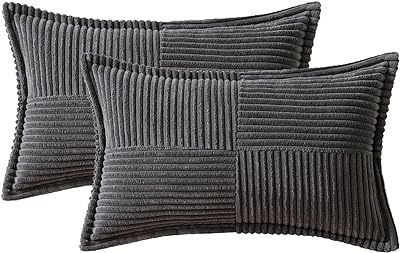 MIULEE Dark Grey Corduroy Pillow Covers 12 x 20 inch with Splicing Set of 2 Super Soft Boho Striped Pillow Covers Broadside Decorative Textured Throw Pillows for Couch Cushion Bed Livingroom