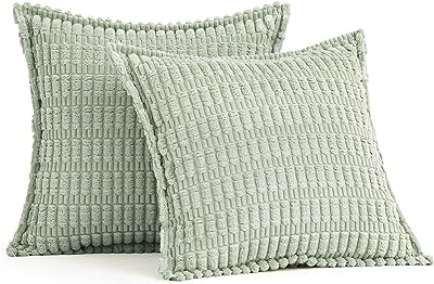 MIULEE Light Green Corduroy Decorative Throw Pillow Covers Pack of 2 Soft Striped Pillows Pillowcases with Broad Edge Modern Boho Home Decor for Couch Sofa Bed 18x18 Inch