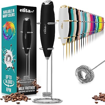 ElitaPro Powerful Milk Frother Wand - Handheld Coffee Frother - Mini Foam Maker With Stand - Whisk Drink Mixer & Foamer for Coffee, Latte, Cappuccino, Frappe, Matcha, Hot Chocolate (Black)