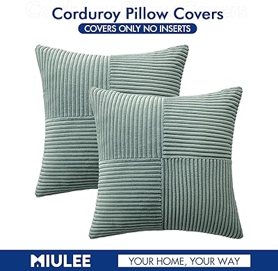 MIULEE Greyish Green Corduroy Pillow Covers Pack of 2 Boho Decorative Spliced Throw Pillow Covers Soft Solid Couch Pillowcases Cross Patchwork Textured Covers for Living Room Bed Sofa 18x18 inch