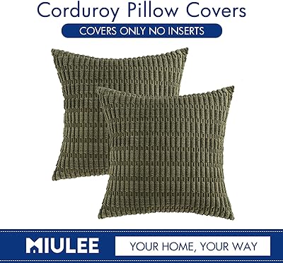 MIULEE Pack of 2 Corduroy Decorative Throw Pillow Covers 18x18 Inch Soft Boho Striped Pillow Covers Modern Farmhouse Home Decor for Spring Sofa Living Room Couch Bed Olive Green