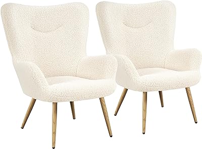 Yaheetech Boucle Accent Chair, Modern Fluffy Sherpa Armchair with High Back and Wood-tone Metal Legs, Fuzzy Barrel Chair for Living Room Bedroom Home Office, Ivory, 2pcs