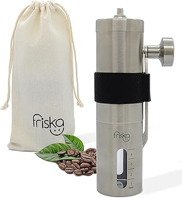 FRISKA Manual Burr Coffee Grinder - Hand Coffee Grinder - Durable Portable Stainless Steel, Grey Velvet Bag & Silicon Grip (Black)