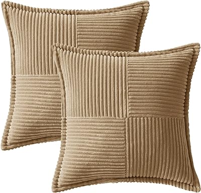 MIULEE Khaki Corduroy Pillow Covers 24 x 24 inch with Splicing Set of 2 Super Soft Couch Pillow Covers Broadside Striped Decorative Textured Throw Pillows for Cushion Bed Livingroom