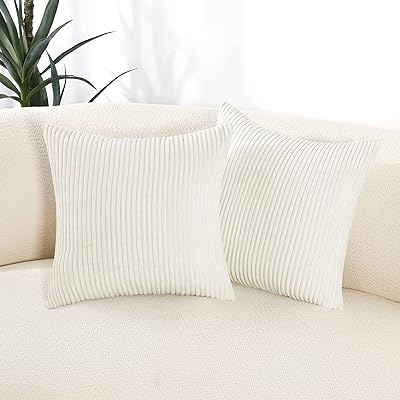 Deconovo Pack of 2 Square Throw Pillow Covers in Cream White, 18x18 Inch, Decorative Cushion Covers with Pattern Stripes, Corduroy Pillow Cases Machine Washable for Bedroom Sofa Couch