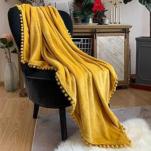 LOMAO Flannel Blanket with Pompom Fringe Lightweight Cozy Bed Blanket Soft Throw Blanket fit Couch Sofa Suitable for All Season (51x63) (Mustard Yellow)