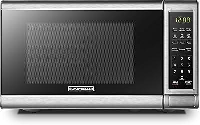 BLACK+DECKER EM720CB7 Digital Microwave Oven with Turntable Push-Button Door, Child Safety Lock, 700W, Stainless Steel, 0.7 Cu.ft