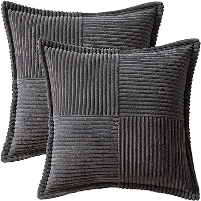 MIULEE Dark Grey Corduroy Pillow Covers 18 x 18 inch with Splicing Set of 2 Super Soft Boho Striped Pillow Covers Broadside Decorative Textured Throw Pillows for Couch Cushion Bed Livingroom