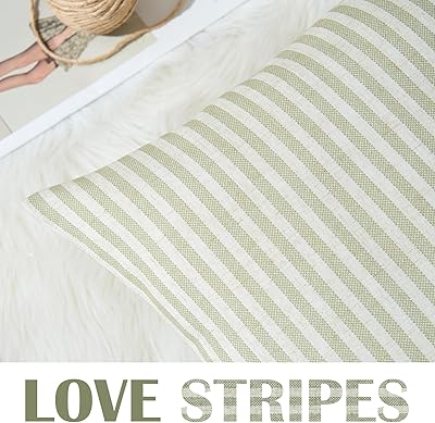 jinchan Striped Throw Pillow Covers Farmhouse Boho Geometric Linen Ticking Stripe Pattern Cushion Covers Pinstripe Durable Pillowcases for Sofa Couch Bed Living Room 18x18 Inch Green Pack of 2