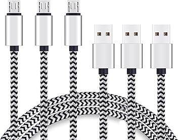 Image of Ailun Micro USB Cable 6ft 3Pack High Speed 2.0 USB A Male to Micro USB Sync Charging Nylon Braided Cable with 56k Ohm Pull-up Resistor for Smartphone Tablets Silver and Blackwhite