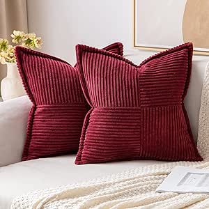 MIULEE Corduroy Pillow Covers with Splicing Set of 2 Super Soft Boho Striped Pillow Covers Broadside Decorative Textured Throw Pillows for Couch Cushion Bed Livingroom 18x18 inch, Burgundy
