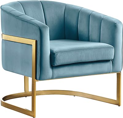 Meridian Furniture Carter Collection Modern | Contemporary Upholstered Velvet Barrel Accent Chair with Gold Stainless Base, Aqua, 29" W x 27.5" D x 31" H