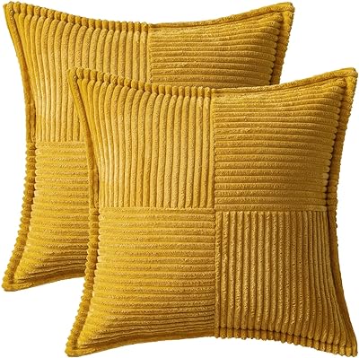 MIULEE Mustard Yellow Pillow Covers 24x24 Inch with Splicing Set of 2 Super Soft Boho Striped Corduroy Pillow Covers Broadside Decorative Textured Throw Pillows for Fall Couch Cushion Livingroom