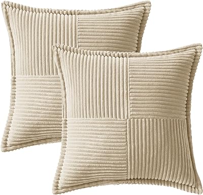 MIULEE Cream Corduroy Pillow Covers 12x12 inch with Splicing Set of 2 Super Soft Couch Pillow Covers Broadside Striped Decorative Textured Throw Pillows for Spring Cushion Bed Livingroom