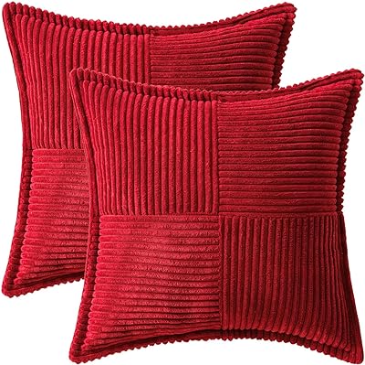 MIULEE Red Corduroy Pillow Covers with Splicing Set of 2 Super Soft Boho Striped Pillow Covers Broadside Decorative Textured Throw Pillows for Couch Cushion Livingroom 18x18 inch