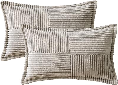 MIULEE Light Grey Corduroy Pillow Covers 12 x 20 inch with Splicing Set of 2 Super Soft Boho Striped Pillow Covers Broadside Decorative Textured Throw Pillows for Couch Cushion Bed Livingroom