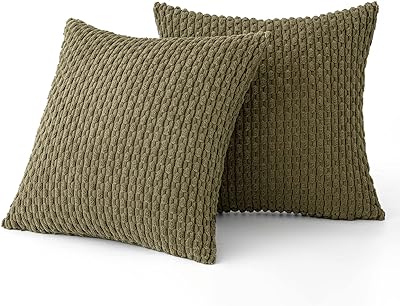 MIULEE Throw Pillow Covers Soft Corduroy Decorative Set of 2 Boho Striped Pillow Covers Pillowcases Farmhouse Home Decor for Couch Bed Sofa Living Room 18x18 Inch Olive Green