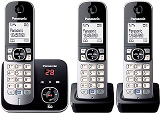 Panasonic DECT Digital Cordless Phone with Built-in Answering Machine and 3 Handsets (KX-TG6823ALB) Black & Silver