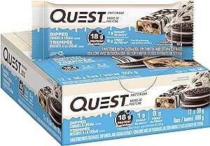 Quest Nutrition Dipped Bar Cookies &amp; Cream, High Protein, High Fibre, Low Sugar, Low Carb, Keto Friendly, 18g Protein, 1g Sugar, 12ct