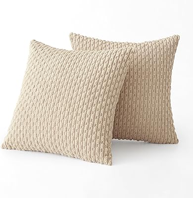 MIULEE Throw Pillow Covers Soft Corduroy Decorative Set of 2 Boho Striped Pillow Covers Pillowcases Farmhouse Home Decor for Couch Bed Sofa Living Room 18x18 Inch Beige