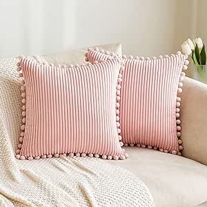 MIULEE Boho Decorative Throw Pillow Covers with Pom-poms, Soft Corduroy Square Solid Lumbar Cushion Cases for Spring Couch Sofa Bedroom, 18x18 inch Pink