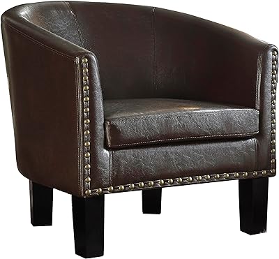 Rosevera Kirkham, Nailhead, Bedroom Accent, Sturdy Reading, Faux Arm, 27" Barrel, Leather Club, Side Chairs for Living Room, Standard, Espresso