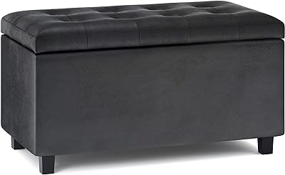 SIMPLIHOME Cosmopolitan 34 Inch Wide Transitional Rectangle Storage Ottoman in Distressed Black Vegan Faux Leather, For the Living Room, Entryway and Family Room