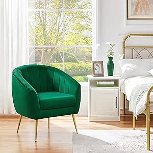 Yaheetech Accent Chair, Modern Barrel Vanity Chair with Gold Metal Legs, Tufted Accent Armchair for Living Room/Bedroom/Office/Makeup Room Green, Green