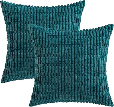 MIULEE Pack of 2 Corduroy Decorative Throw Pillow Covers 18x18 Inch Soft Boho Striped Pillow Covers Modern Farmhouse Home Decor for Sofa Living Room Couch Bed Teal