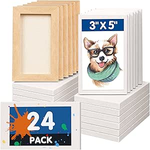 FIXSMITH Mini Stretched Canvas - 24 Pack 3 x 5 Inch, 2/5” Profile Small Canvases, 100% Cotton Art Primed Little Blank Canvas for Kids, Home Decor Project, Art Supplies for Acrylic Oil Painting