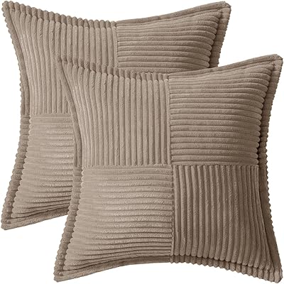 MIULEE Corduroy Pillow Covers with Splicing Set of 2 Super Soft Boho Striped Pillow Covers Broadside Decorative Textured Throw Pillows for Spring Couch Cushion Livingroom 20x20 inch, Light Brown