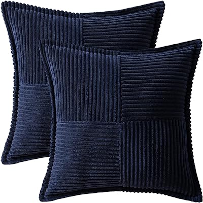 MIULEE Navy Blue Corduroy Pillow Covers 24 x 24 inch with Splicing Set of 2 Super Soft Boho Striped Pillow Covers Broadside Decorative Textured Throw Pillows for Couch Cushion Bed Livingroom