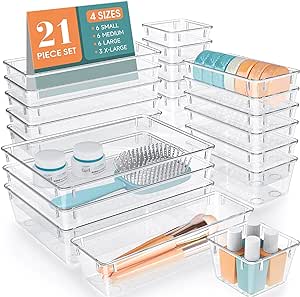 WOWBOX 21 PCS Clear Plastic Drawer Organizer Set, 4 Sizes Desk Drawer Divider Organizers and Storage Bins for Makeup, Jewelry, Gadgets for Kitchen, Bedroom, Bathroom, Office