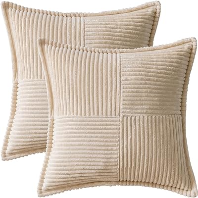 MIULEE Beige Corduroy Pillow Covers 24x24 inch with Splicing Set of 2 Super Soft Boho Striped Pillow Covers Broadside Decorative Textured Throw Pillows for Spring Couch Cushion Livingroom