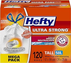 Hefty® Garbage Bags, Ultra Strong Tall 50 Litres White, Drawstring, Arm &amp; Hammer odour neutralizer, 120 Bags