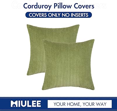 MIULEE Pack of 2 Corduroy Pillow Covers Soft Soild Striped Throw Pillow Covers Set Decorative Square Cushion Cases Pillowcases for Spring Sofa Bedroom Couch 18 x 18 Inch Grass Green