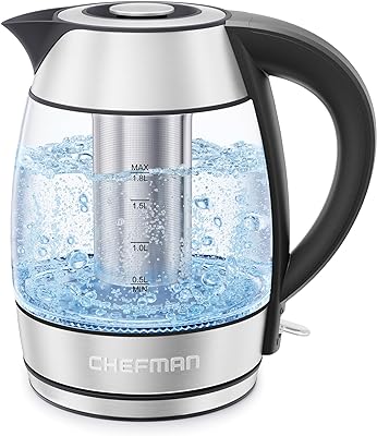 Chefman Electric Kettle 1.8L, 1500W Fast Boiling Water Heater, Auto Shutoff, Boil Dry Protection & Cordless Pouring, BPA Free, Removable Tea Infuser, Borosilicate Glass, Stainless Steel