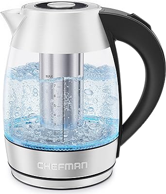 Chefman Electric Glass Kettle, Fast Boiling W/ LED Lights, Auto Shutoff & Boil Dry Protection, Cordless Pouring, BPA Free, Removable Tea Infuser, 1.8 Liters, Stainless Steel