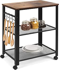 Best Choice Products Mobile Rolling Bar Cart, Serving Cart, Microwave Cart and Stand with Wheel Locks, Storage Shelves, 4 Hooks, for Home, Living Room, Kitchen