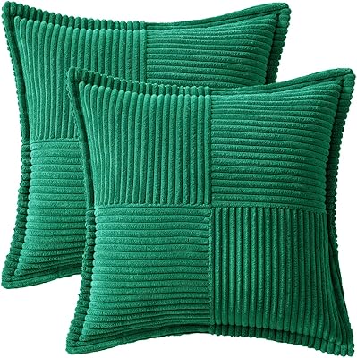 MIULEE Corduroy Pillow Covers with Splicing Set of 2 Super Soft Boho Striped Pillow Covers Broadside Decorative Textured Throw Pillows for Couch Cushion Livingroom 18x18 inch Emerald Green