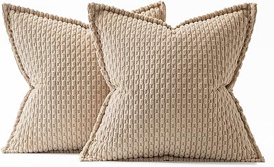 MIULEE Tan Throw Pillow Covers 20x20 Inch Pack of 2 Soft Corduroy Pillow Covers Decorative Striped Pillowcases with Broad Edge Farmhouse Spring Home Decor for Couch Bed Sofa Living Room